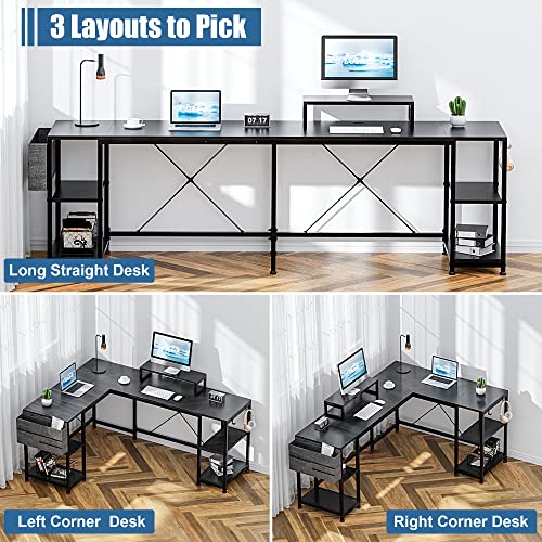 Lulive L Shaped Desk, 95" Reversible Corner Computer Desk with Shelves, Monitor Stand, Storage Bag, Hooks, 2 Person Long Desk for Home Office Writing Study Workstation (Black)