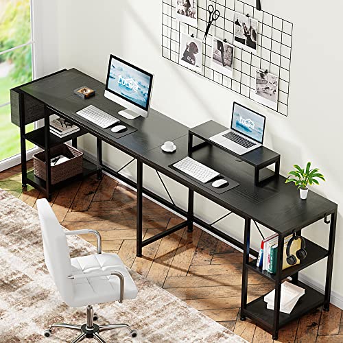 Lulive L Shaped Desk, 95" Reversible Corner Computer Desk with Shelves, Monitor Stand, Storage Bag, Hooks, 2 Person Long Desk for Home Office Writing Study Workstation (Black)