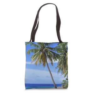 summer vacation tropical palm tree ocean beach sand scene tote bag