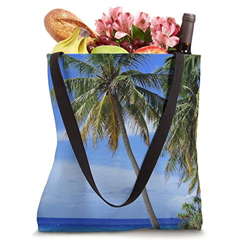 summer vacation tropical palm tree ocean beach sand scene Tote Bag