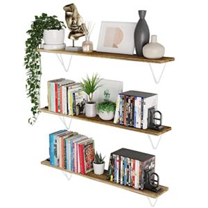 wallniture colmar 36″x6″ wood floating bookshelves for wall storage, long wall shelves for living room, bathroom, kitchen pantry, bedroom, burned finish wall shelf set of 3