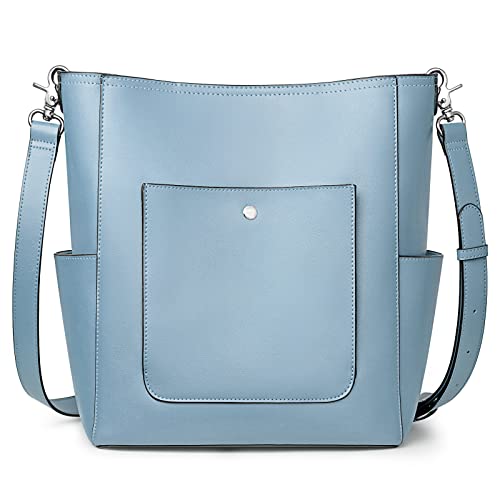 S-ZONE Genuine Leather Handbags Purses for Women with Inner Pouch Bucket Bags Crossbody Hobo Work Travel Blue