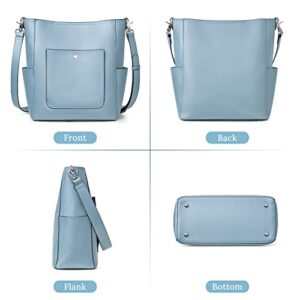 S-ZONE Genuine Leather Handbags Purses for Women with Inner Pouch Bucket Bags Crossbody Hobo Work Travel Blue