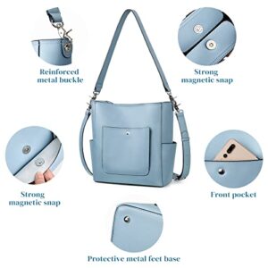 S-ZONE Genuine Leather Handbags Purses for Women with Inner Pouch Bucket Bags Crossbody Hobo Work Travel Blue