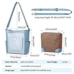 S-ZONE Genuine Leather Handbags Purses for Women with Inner Pouch Bucket Bags Crossbody Hobo Work Travel Blue