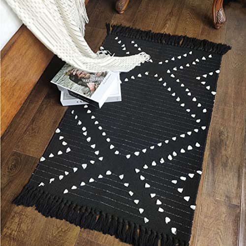 Boho Kitchen Rug 2'x3' Small Bathroom Rug with Tassels,Black Cotton Moroccan Farmhouse Bath Mat Woven Cute Geometric Throw Rug Washable for Entry Hallway Sink Bedroom Living Room Indoor Outdoor Decor