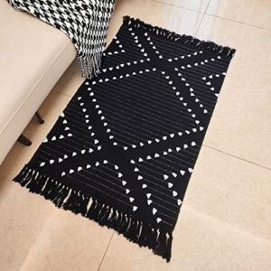 Boho Kitchen Rug 2'x3' Small Bathroom Rug with Tassels,Black Cotton Moroccan Farmhouse Bath Mat Woven Cute Geometric Throw Rug Washable for Entry Hallway Sink Bedroom Living Room Indoor Outdoor Decor