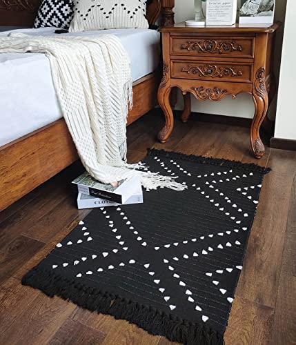 Boho Kitchen Rug 2'x3' Small Bathroom Rug with Tassels,Black Cotton Moroccan Farmhouse Bath Mat Woven Cute Geometric Throw Rug Washable for Entry Hallway Sink Bedroom Living Room Indoor Outdoor Decor