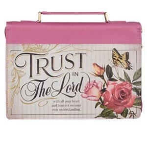 christian art gifts rose pink floral fashion bible cover for women: trust in the lord – prov. 3:5 inspirational scripture verse, vintage vegan leather book carry case bag w/stationery storage, large