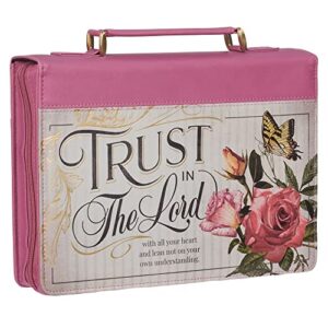 Christian Art Gifts Rose Pink Floral Fashion Bible Cover for Women: Trust in The Lord - Prov. 3:5 Inspirational Scripture Verse, Vintage Vegan Leather Book Carry Case Bag w/Stationery Storage, Large