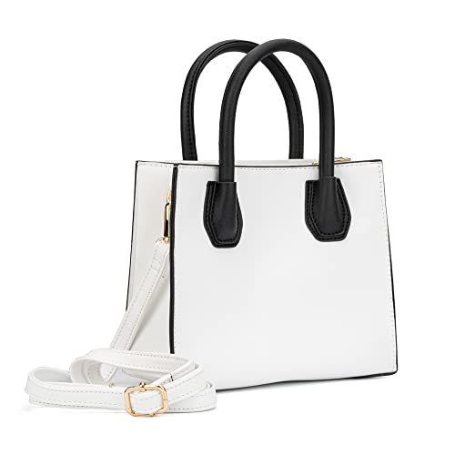 Olivia Miller Women's Fashion Ezra Mini Faux PU Leather, White Crossbody Tote Satchel Bag w Removable n Adjustable Strap Everyday Small Evening Casual Work Purse Handbag