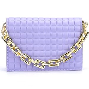 olivia miller women’s fashion ethan quilted texture pu vegan leather w chunky gold chain detail n front flap, lavender small crossbody bag, evening everyday casual work purse handbag