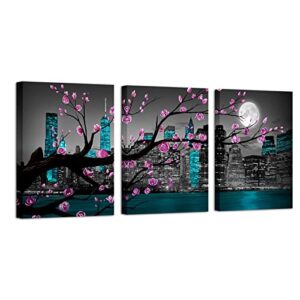 simiwow black and pink wall decor teal blue new york city wall art full moon night pink magnolia flower painting framed canvas prints bedroom living room decor (12″x16″x3 panels)