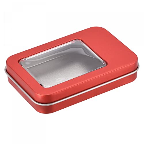 uxcell Metal Tin Box, 3pcs 3.43" x 2.36" x 0.71" Rectangular Empty Tinplate Storage Containers with Clear Window Lids, Red