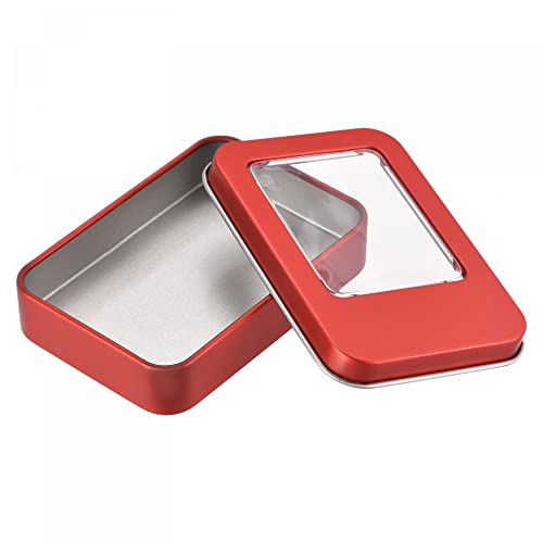 uxcell Metal Tin Box, 3pcs 3.43" x 2.36" x 0.71" Rectangular Empty Tinplate Storage Containers with Clear Window Lids, Red