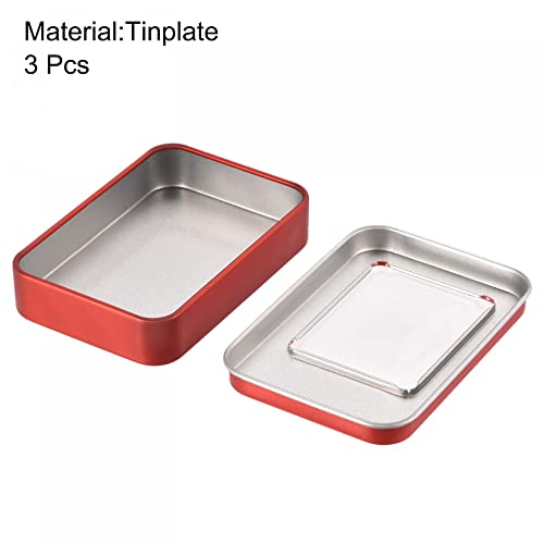 uxcell Metal Tin Box, 3pcs 3.43" x 2.36" x 0.71" Rectangular Empty Tinplate Storage Containers with Clear Window Lids, Red