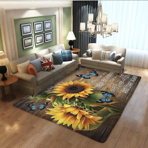 LUCKYYOUGAN Area Rug,Butterfly Sunflower on Wooden Board Non Slip Mat Area Rug Runners Floor Carpet for Kitchen Bedroom Living Room Children's Room Decoration,Farmhouse Decor 19.7x31.5inch