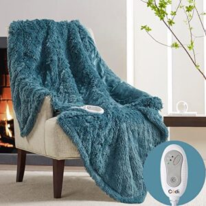 codi fuzzy shaggy fur electric blanket throw | teal 50×60 | super soft couch heated throws | 3 heat setting with auto shut off, 6ft power cord | washable