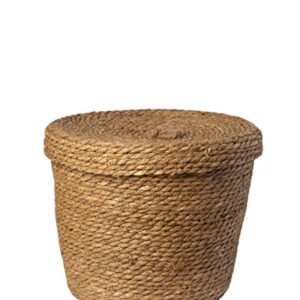 Handcrafted basket with lid. Decorative Baskets for storage. Natural rope basket with lid. Woven Seagrass baskets for blanket. Lidded Basket design. Round decorative basket. (Small)