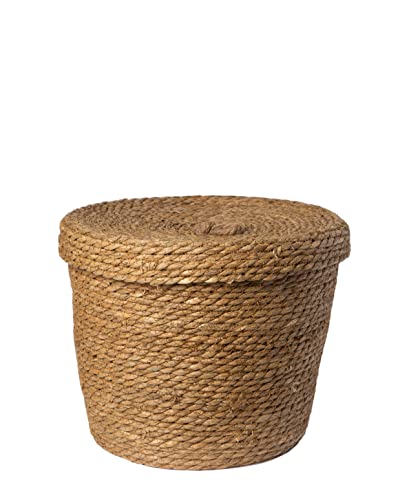 Handcrafted basket with lid. Decorative Baskets for storage. Natural rope basket with lid. Woven Seagrass baskets for blanket. Lidded Basket design. Round decorative basket. (Small)