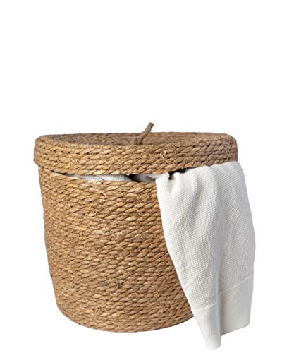 Handcrafted basket with lid. Decorative Baskets for storage. Natural rope basket with lid. Woven Seagrass baskets for blanket. Lidded Basket design. Round decorative basket. (Small)