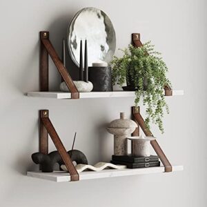 nathan james brandon wall mount modern white marble floating shelf for wall with vintage brown leather strap, set of 2, marble/brown