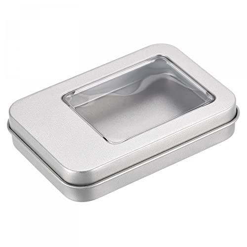 uxcell Metal Tin Box, 12pcs 3.43" x 2.36" x 0.71" Rectangular Empty Tinplate Storage Containers with Clear Window Lids, Silver Tone