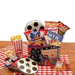 a holly wood night movie night gift basket full of movie night snacks