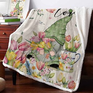 possta decor sherpa fleece throw blankets,easter gnome spring pink tulip floral mother’s day soft warm fleece reversible blanket,dwarf flower plant cozy throws for living room sofa,couch,bed 40x50in