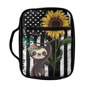 Poetesant American Flag Sunflower Sloth Book Case Women Yellow Flowers Bible Cover Cute Sloth Bible Case for Kids Study Book Stars Stripes Book Carrying Cover with Handle