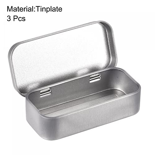 uxcell Metal Tin Box, 3pcs 3.15" x 1.5" x 0.79" Rectangular Empty Tinplate Storage Containers with Hinged Lids, Silver Tone