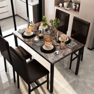 lamerge 5 piece dining table set for 4,faux marble kitchen table and chairs for 4, dining room table set with pu leather chairs,small dining set for small spaces,living room, brown