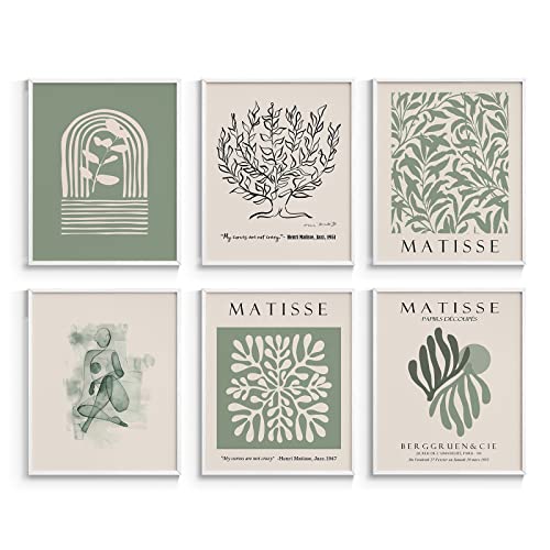 ARPEOTCY Matisse Wall Art Prints, Sage Green Retro Art Posters, Abstract Master Prints for Bedroom Wall Decor Aesthetic, Set of 6, 8x10in , Unframed