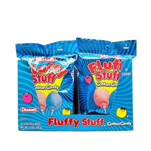 Fluffy Stuff Cotton Candy – Pink and Blue Fresh Spun Floss Sugar Retro Candy – Carnival Cotton Candy in Stay Fresh Packs for Gifts, Party Favors – Pack of 12 - 1 oz Bags