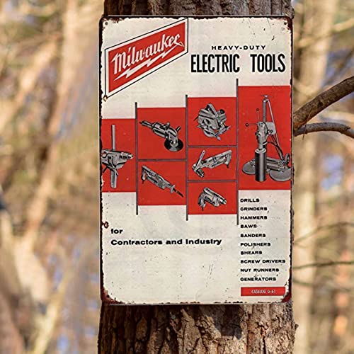 3DART Vintage Tin Sign Milwaukee Electric Power Tools Workshop Ad Wall Art Reproduction Decor Metal Sign 8 X 12 Inch, White