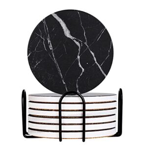 drink coasters with holder absorbent ceramic coasters set of 6 black marble style, 4 inches suitable for kinds of cups and outdoor picnic