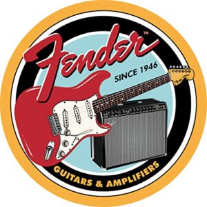 desperate enterprises fender guitars & amplifiers round aluminum sign with embossed edge – nostalgic vintage metal wall decor – made in usa