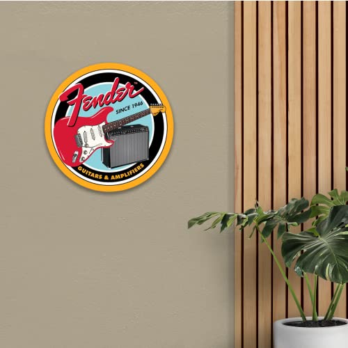 Desperate Enterprises Fender Guitars & Amplifiers Round Aluminum Sign with Embossed Edge - Nostalgic Vintage Metal Wall Decor - Made in USA