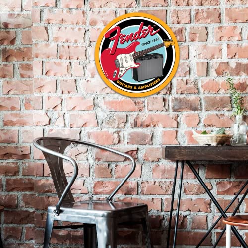 Desperate Enterprises Fender Guitars & Amplifiers Round Aluminum Sign with Embossed Edge - Nostalgic Vintage Metal Wall Decor - Made in USA