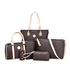 younxsl women handbag set 6 pcs pu leather tote purse multi-purpose classic shoulder bag top handle bag satchel(coffee)