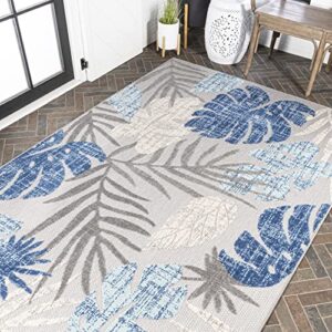 jonathan y amc113a-3 monstera tropical leaf high-low indoor outdoor area-rug, coastal floral transitional easy-cleaning,bedroom,kitchen,backyard,patio,non shedding, 3 x 5, light gray/navy
