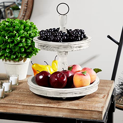 Farmhouse Tiered Tray 2 Tier Tray with Metal Handle, Wooden Tray Tiered Serving Tray for Cake, Fruit, Dessert, White Tray Decorative Tray for Living Room Kitchen Coffee Table Dining Table Centerpiece