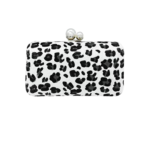 Plush Evening Bag for Women Stylish Leopard Print Handbag Pearl Chain Purse for Party Prom White