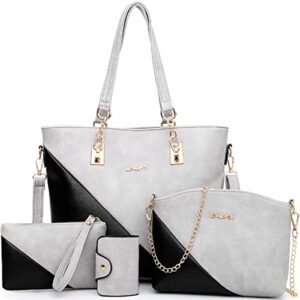 younxsl 4-pc women handbag set,top-handle bag+shoulder bag+clutch+card bag fashion purse color matching satchel tote grey