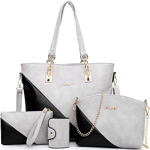 YOUNXSL 4-PC Women Handbag Set,Top-Handle Bag+Shoulder Bag+Clutch+Card Bag Fashion Purse Color Matching Satchel Tote Grey