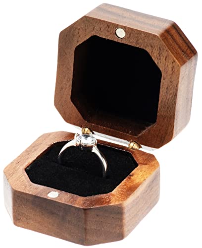 COSISO Portable Wood Ring Gift Box Case for Proposal Engagement Jewelry Display,Small Slim Wooden Ring Holder (Black Inner)