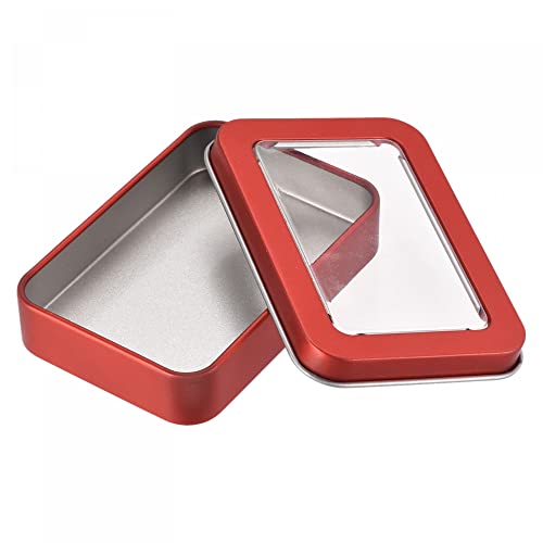 uxcell Metal Tin Box, 3pcs 3.43" x 2.36" x 0.71" Rectangular Empty Tinplate Storage Containers with Clear Lids, Red