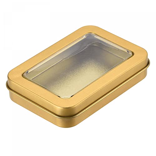 uxcell Metal Tin Box, 3.43" x 2.36" x 0.71" Rectangular Empty Tinplate Storage Containers with Clear Lids, Gold Tone