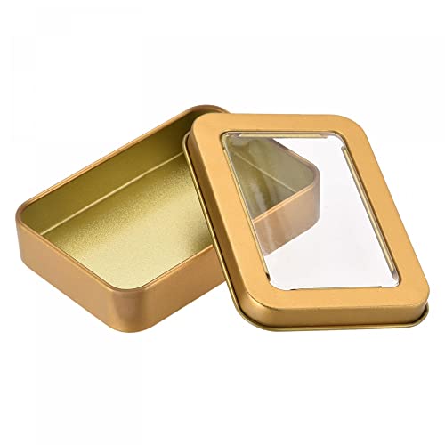 uxcell Metal Tin Box, 3.43" x 2.36" x 0.71" Rectangular Empty Tinplate Storage Containers with Clear Lids, Gold Tone