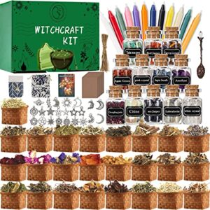 witchcraft supplies kit 110 pcs, aberer beginner witchcraft kit for altar supplies,wiccan supplies and gifts- crystal jars, dried herbs, colored candles, spiritual items for witch spells altar decor